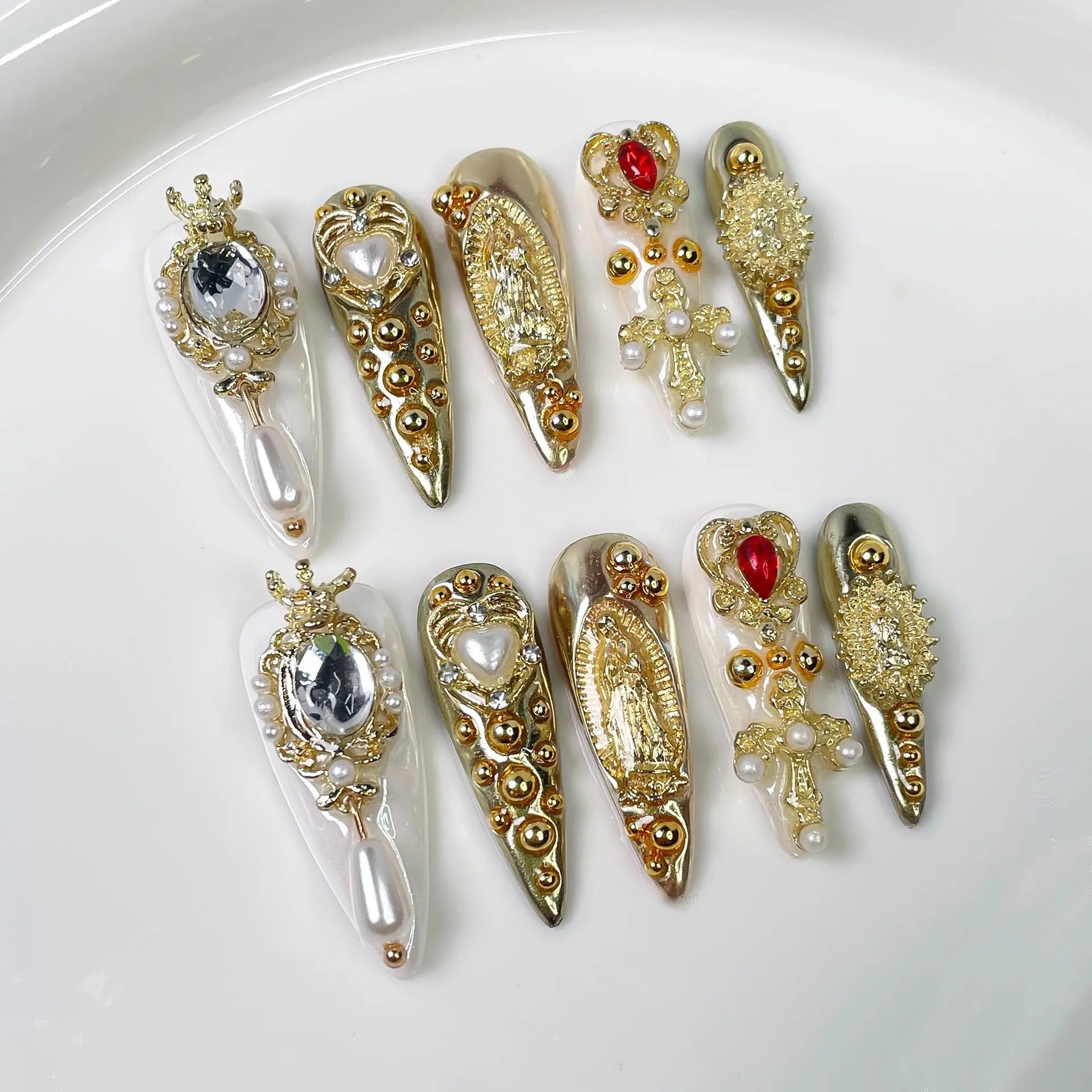 10Pcs Luxurious Golden Court-style Handmade Long Stiletto Fake Nails Rhinestone Pearls Wearable Manicure Reusable Nails Stickers