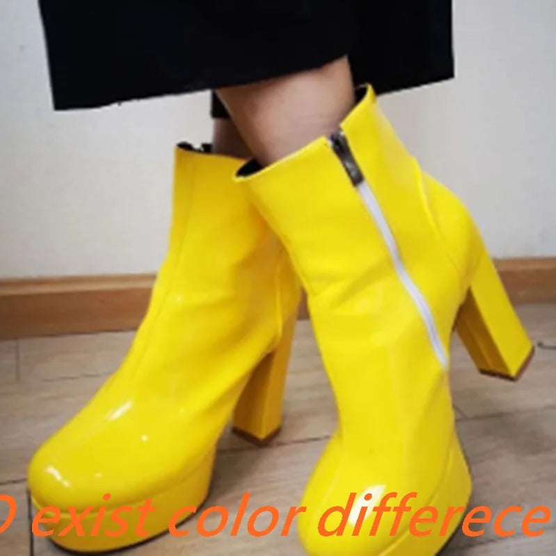 SIMLOVEYO 2022 Ladies Ankle Boots Round Toe Platforms Color Chunky Heel US12 Yellow Purple Orange A4367