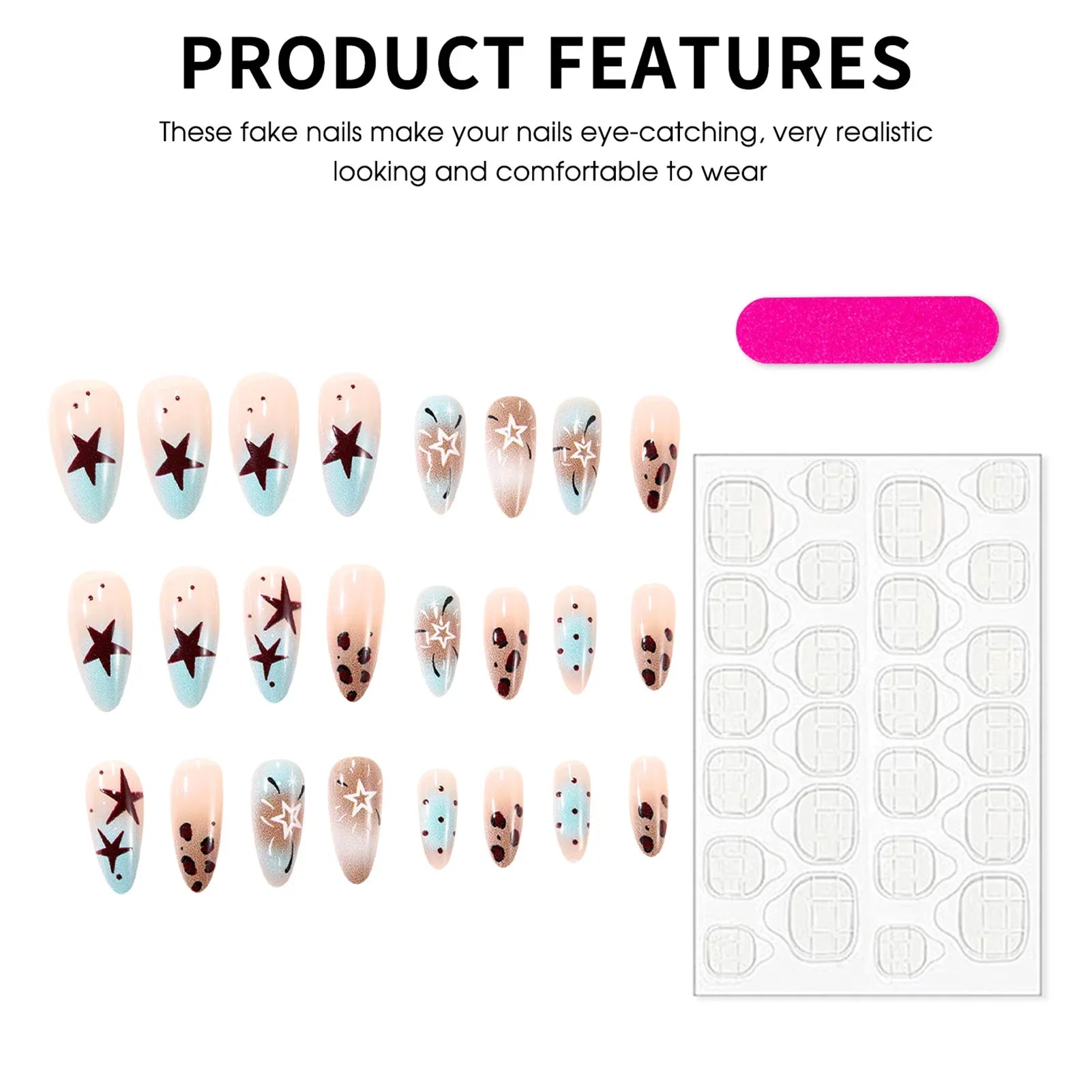 24Pcs Almond Fake Nails with Leopard Printed Y2K Girls Charm Manicure Gradient Color Press On Nails Star/Dot Designs Nails Art