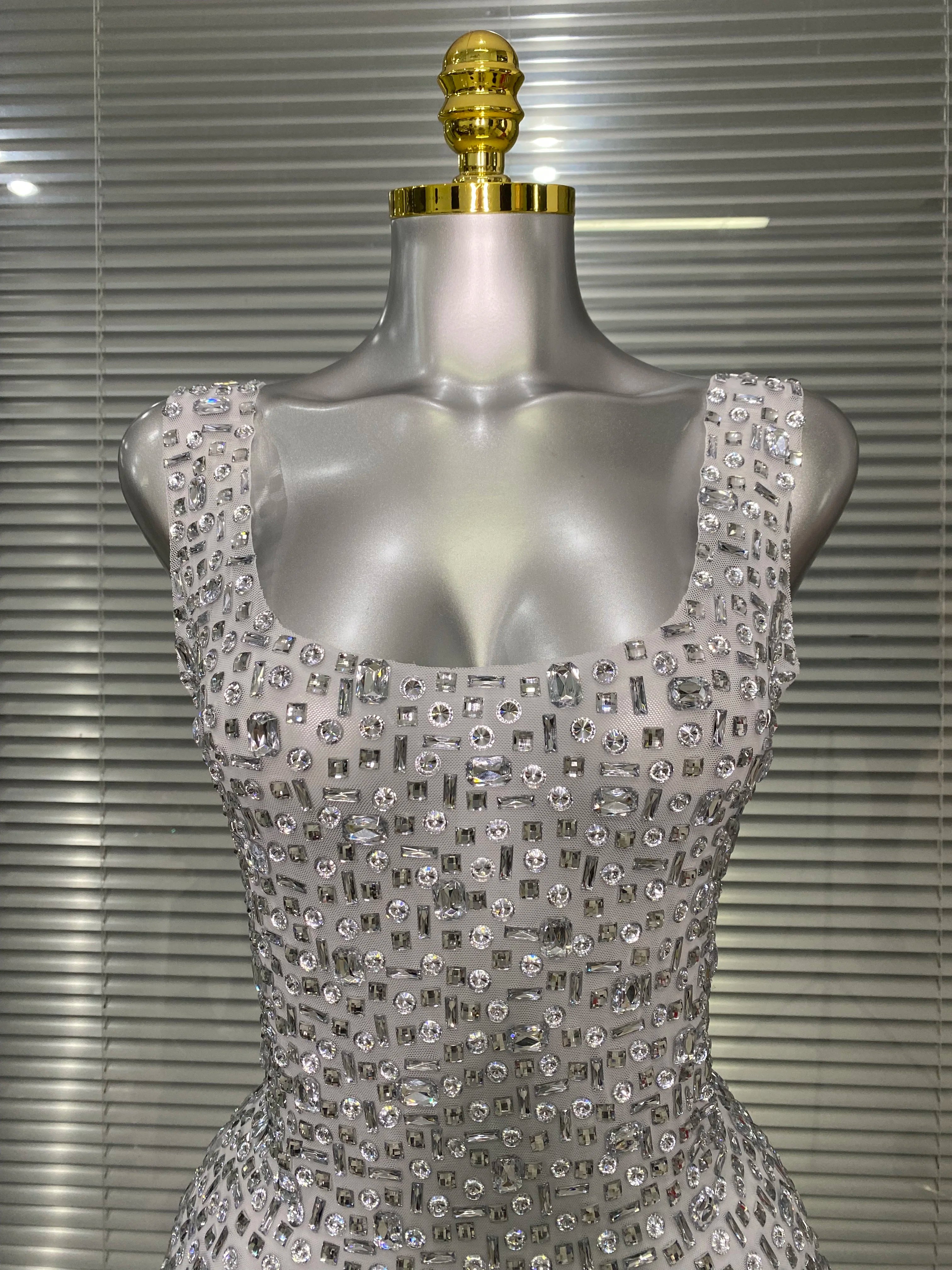 Women Sexy Sleeveless See Through Mesh White Costume Stage Dancer Singer Night Club Celebrity Mini Party Dress