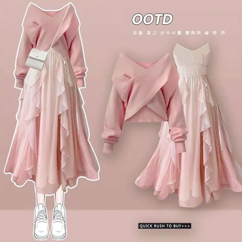 Women's Spring Autumn Fashion Cross Knitted Sweater+Strap Dress Two Piece Korean Elegant New in Matching Set Femlae Skirt Set 01