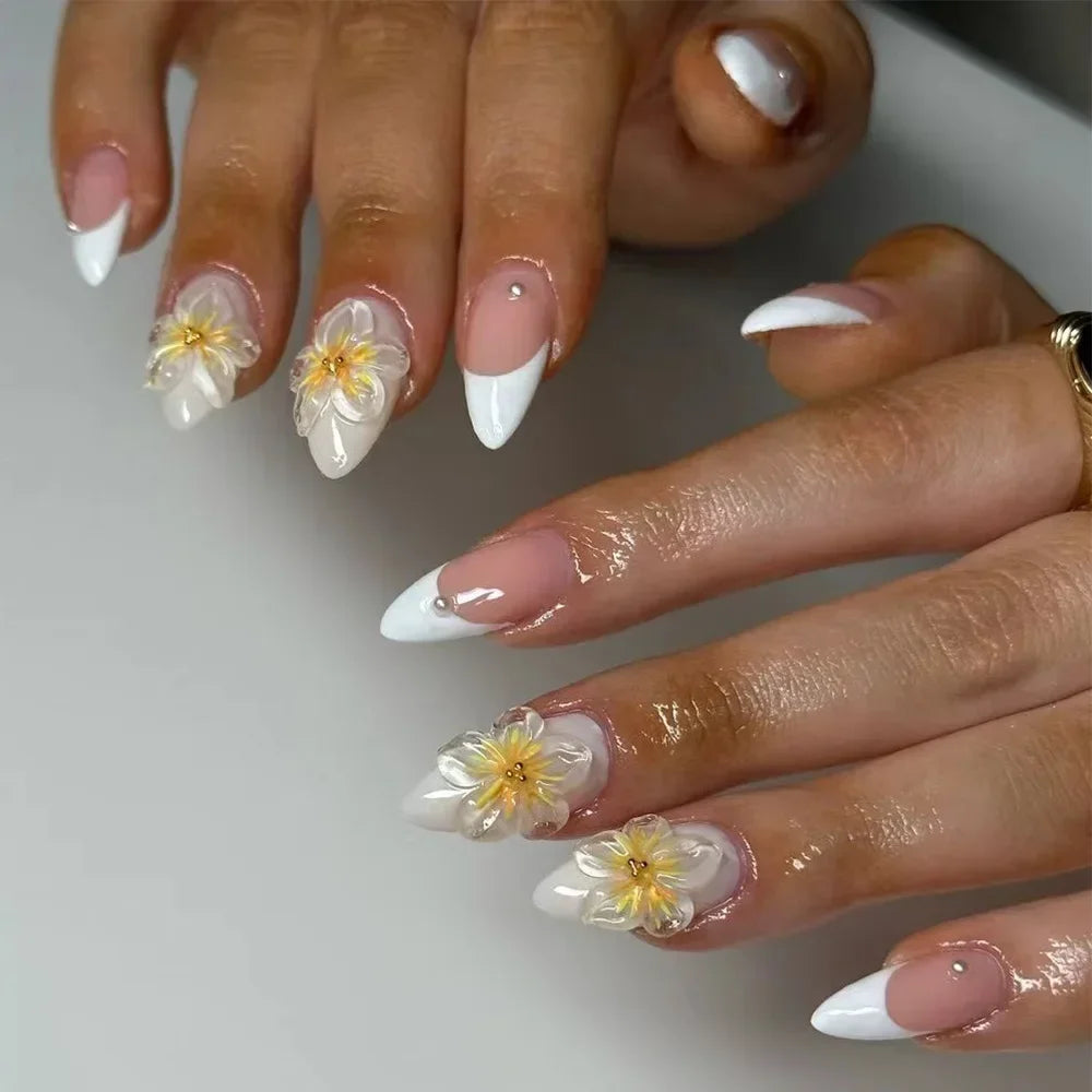 24Pcs French False Nails With Purple Edge  Almond Bow Flower Design Detachable Acrylic Fake Nails Long Stiletto Press On Nails