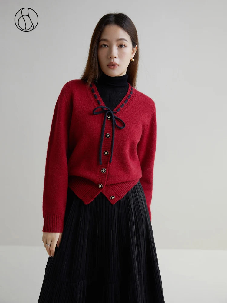 Women Sweet V-Neck Lace-up Red Sweaters Winter Gentle Female Sweater Jacket Temperament Knitted Black Cardigans