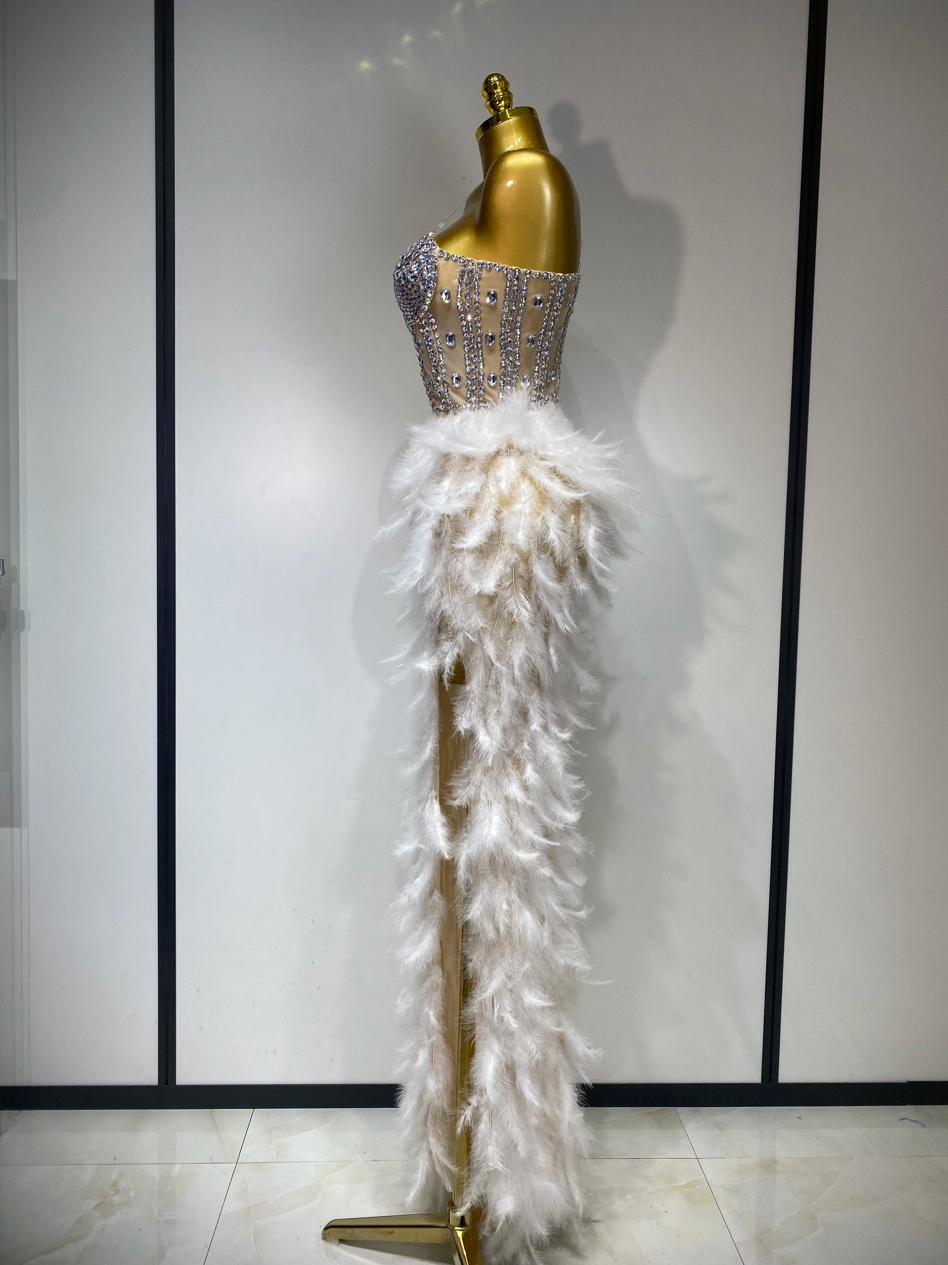 Women Sexy Sparkly Rhinestone Feather Mesh Long Dress Elegant Evening Party Celebrate Luxury Birthday Singer Stage Costume