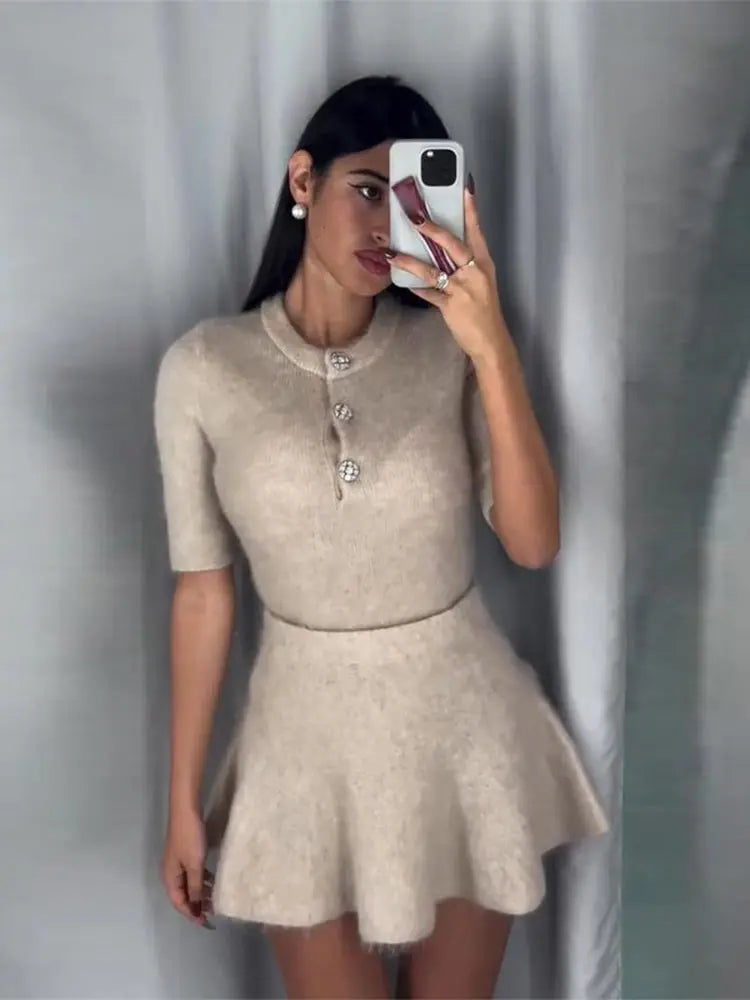 Women Fashion Wool Half Sleeve Slim Skirts Suits Female Button Knit Top Suit New Lady Commute Casual Knitted Outfits