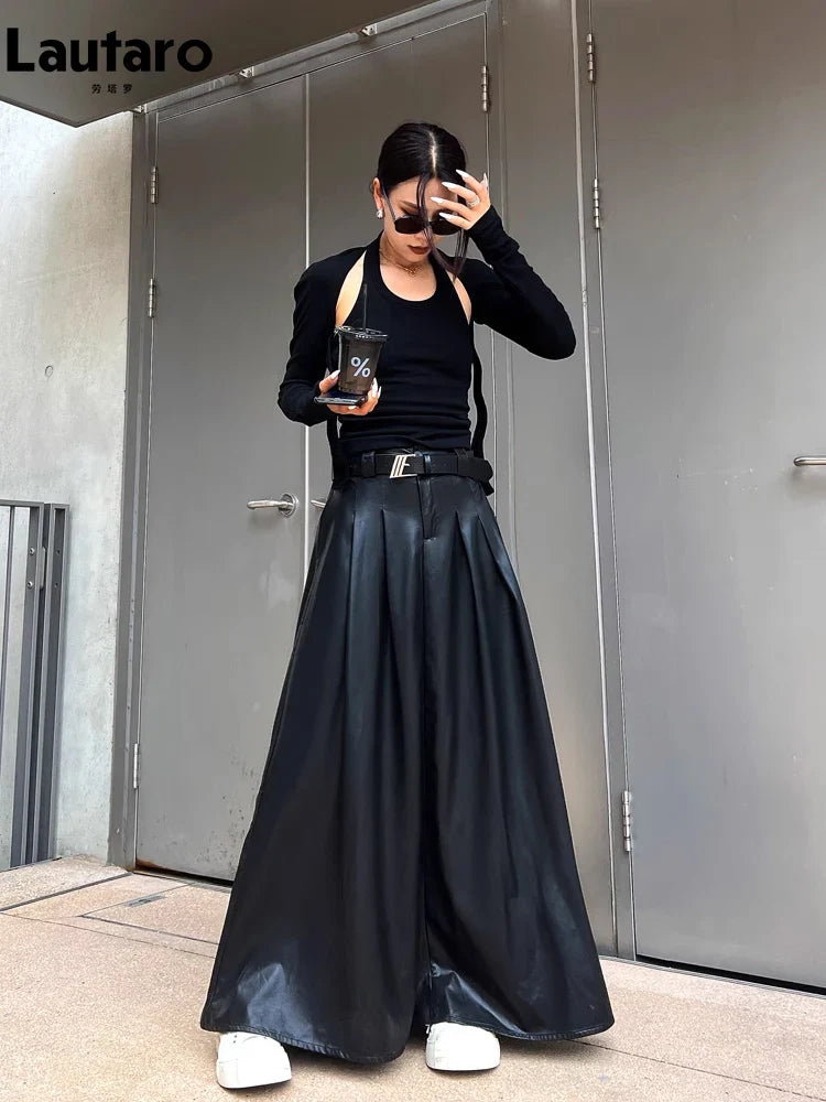 Spring Autumn Luxury Long Pleated Black Soft Pu Leather Maxi Skirt Women High Elastic Waist Korean Style Clothes 2023