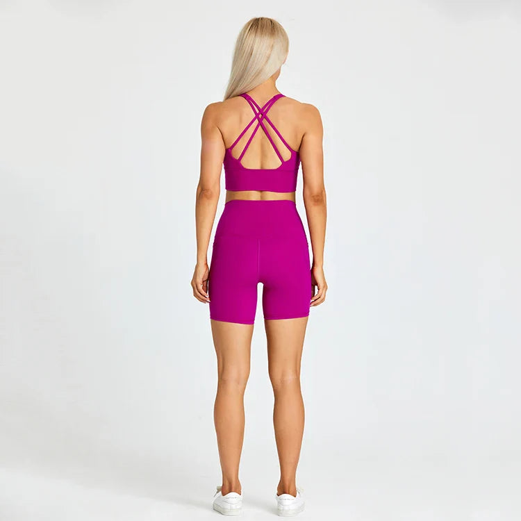 ABS LOLI Pockets Yoga Shorts Set Women Fitness Suit 2 Piece Sports Gym Wear Workout Clothes Running Sportswear Sport Outfit dragon fruit