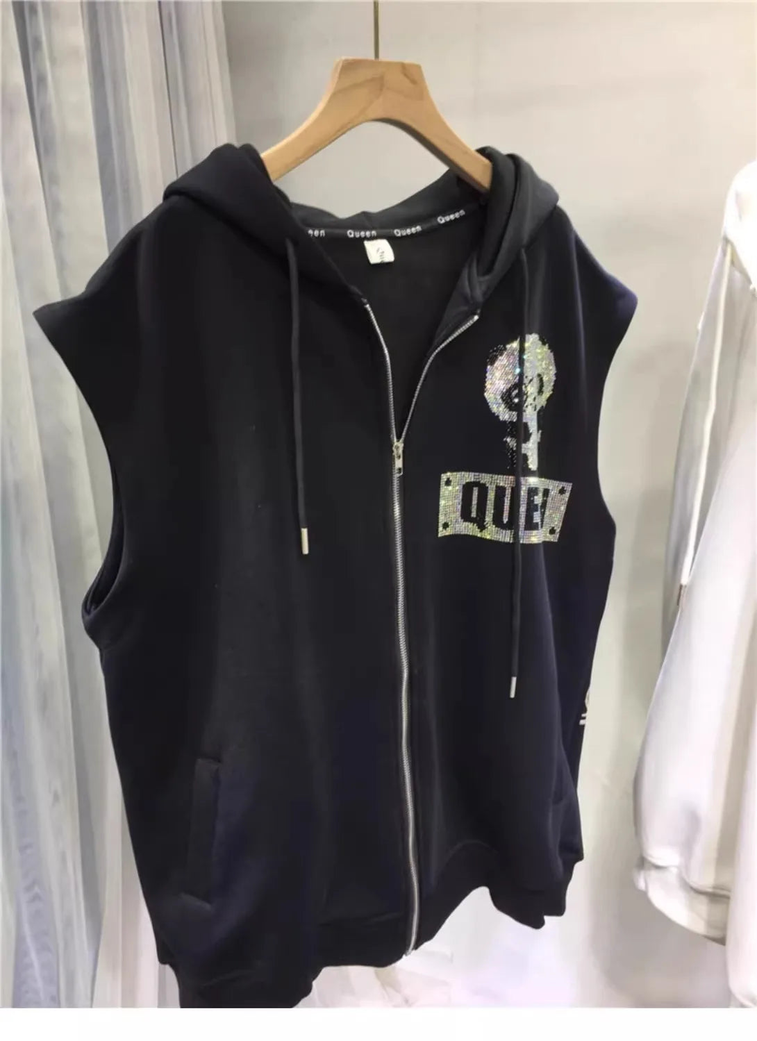 Plus Size Animal Letter Stamping Diamond Women's Jackets Sleeveless Hooded Fashion New Coat Vest Autumn Winter Female Cardigan