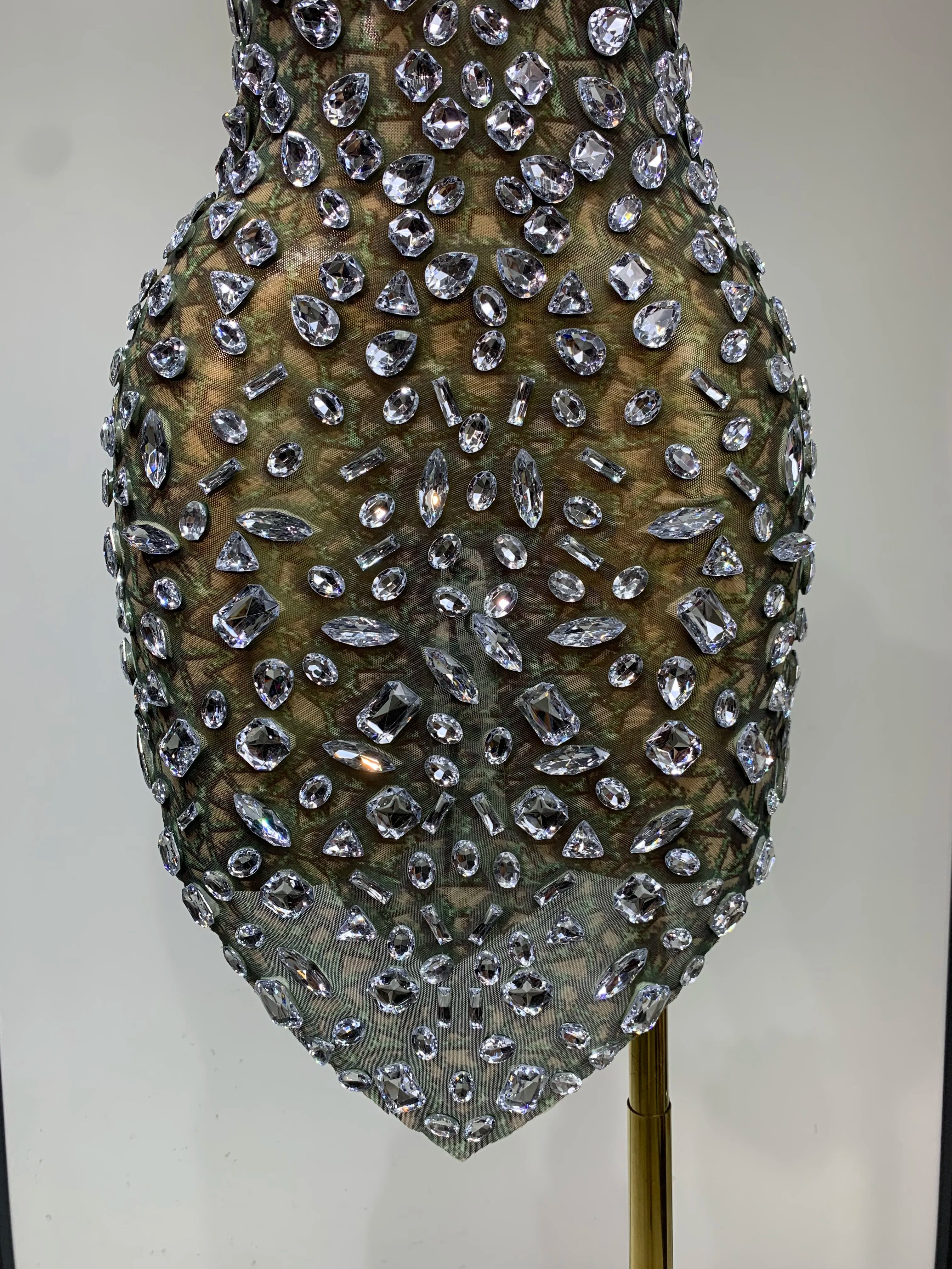 Luxury Diamond Mesh See Through Stretch Bodycon Dress Women Sexy Sleeveless Evening Party Birthday Celebrate Perform Costume