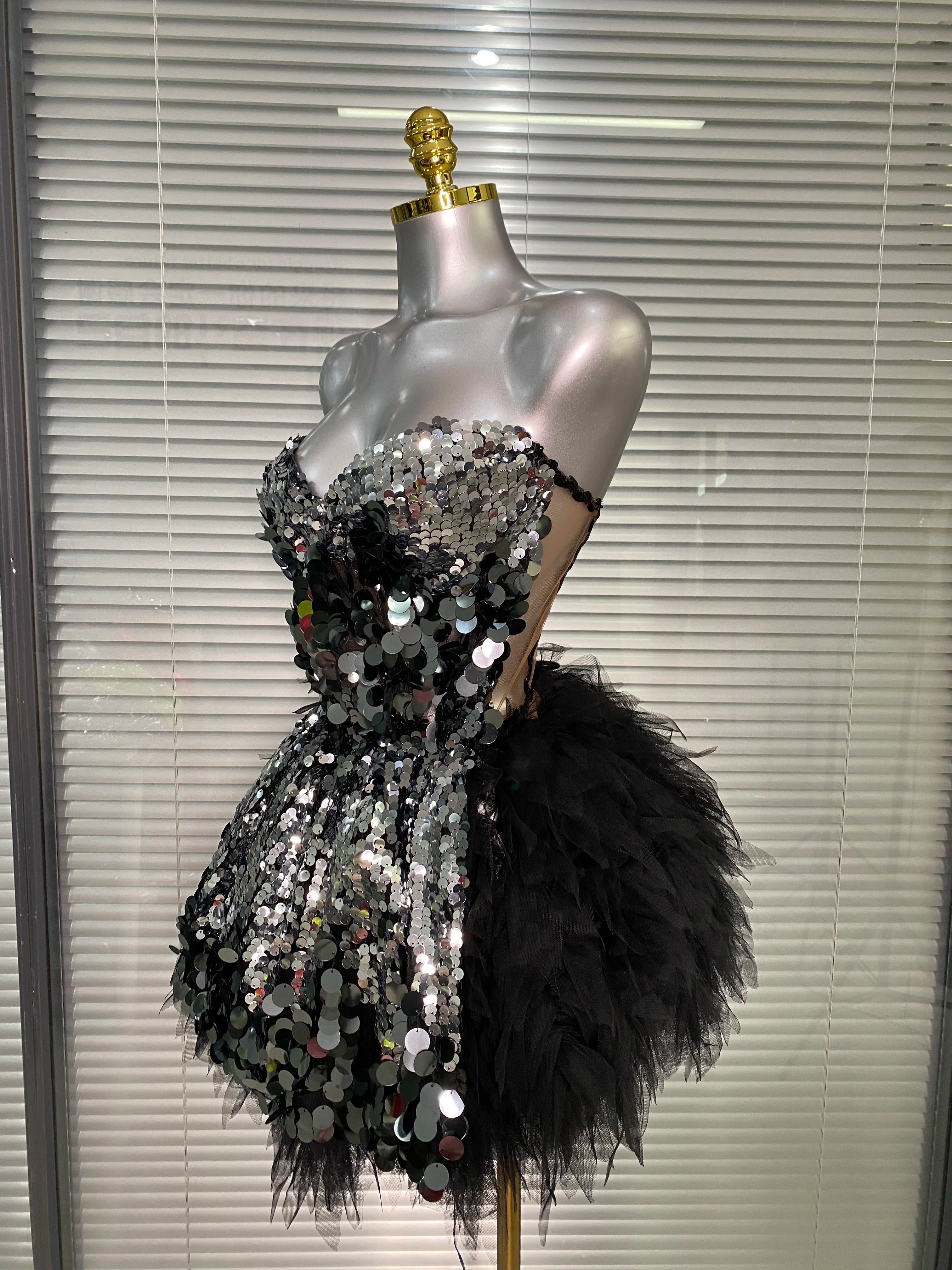 Women Sexy Sequins Black Two Pieces Set Tutu Night Club Skirt Suits Singer Dancer Stage Performance Costume