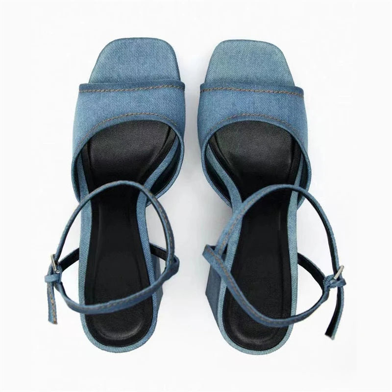 Summer 2024 New Denim Platform Woman Sandals open-toe Square heel Elegant Buckle Strap Ladies Shoes Zapatillas De Mujer