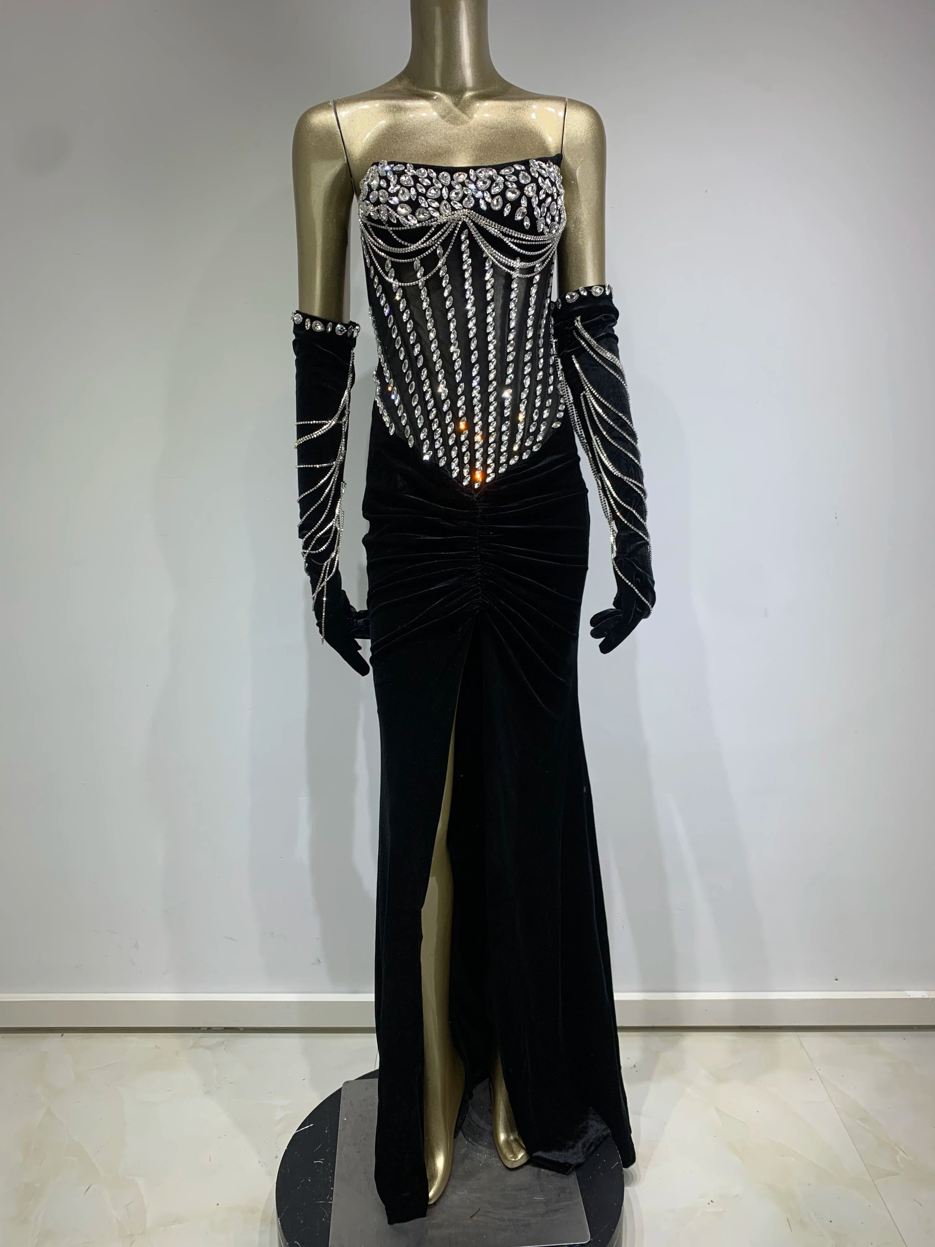 Women Luxury Sexy Strapless Beading Diamonds Black Maxi Long Dress 2024 Elegant Party Evening Stage Performance Dress Vestido