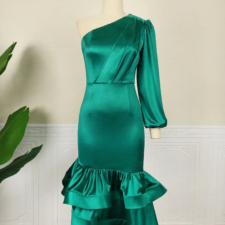 Green One Shoulder Dresses Elegant Women Long Sleeve Eimpire Bodycon Shiny Gowns Irregular Satin Outfit for Ladies Evening Party