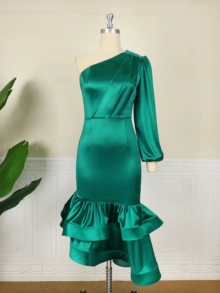 Green One Shoulder Dresses Elegant Women Long Sleeve Eimpire Bodycon Shiny Gowns Irregular Satin Outfit for Ladies Evening Party