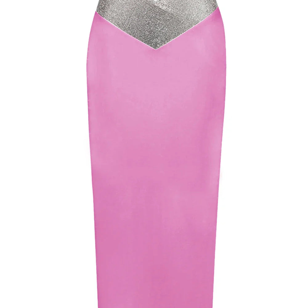 Saia midi bandagem justa branca e preta com cristais e diamantes, saia lápis de cintura alta para festa e boate, 77 cm