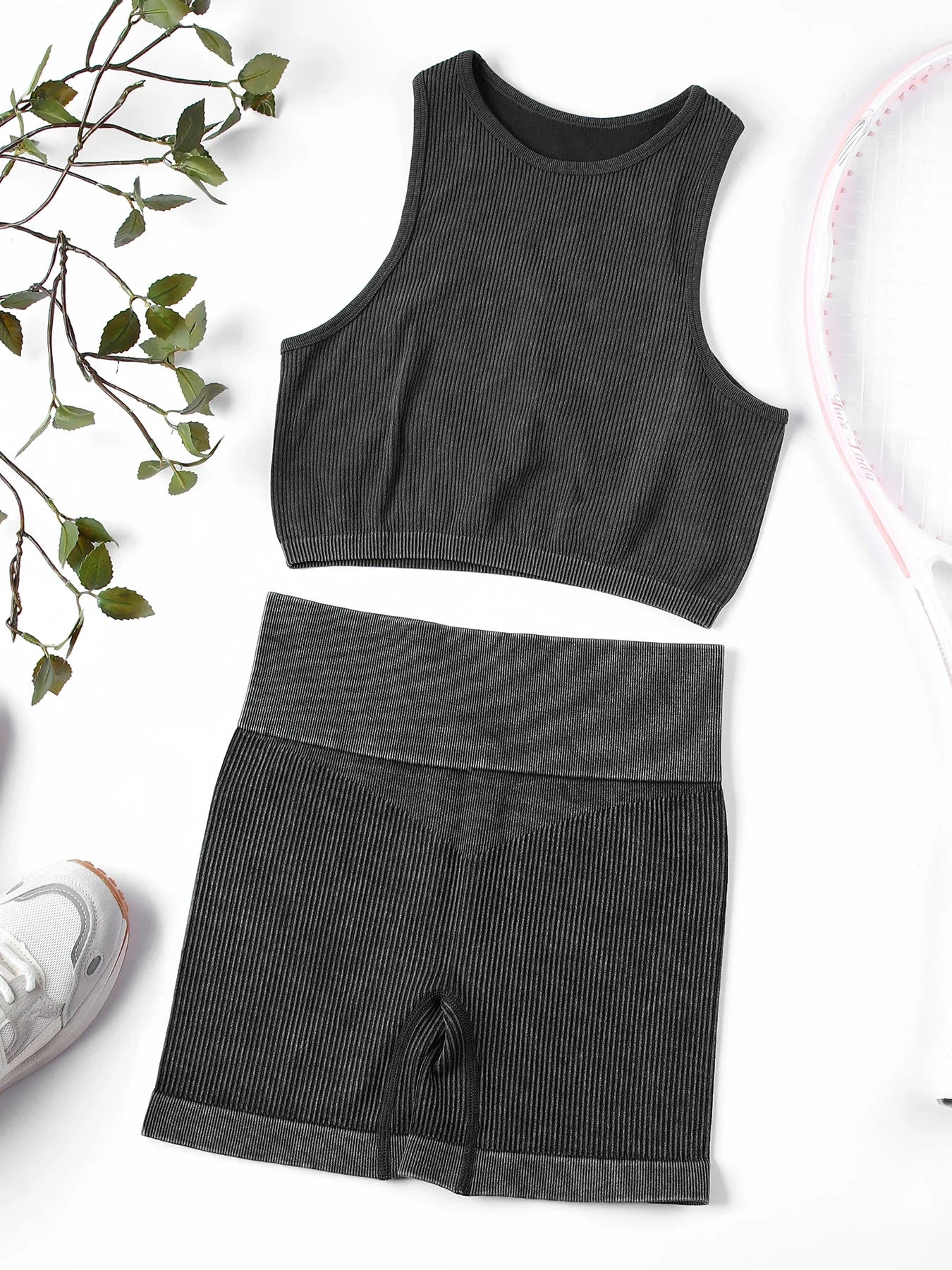 SALSPOR Wash Fitness Summer Sport Outfit for Woman High Waist Stretch Yoga Gym Set Women Activewear Running Outdoors Shorts Sets Black