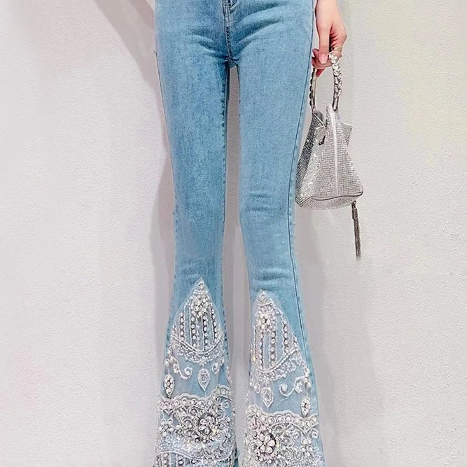 Women Jeans Summer New Korean Style Sweet Heavy Beads Luxury Rhinestone Blue Jeans Elegant Slimmin Bootcut Pants Fashion