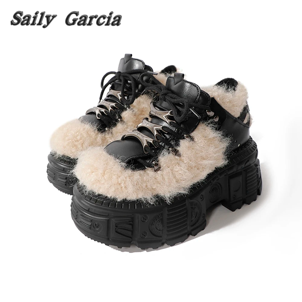 Short Plush Rock Punk Style WaterProof Platform Ankle Boots Winter New Metal Lace Up Women Shoes Round Toe Sculpted Sole Boots As picture