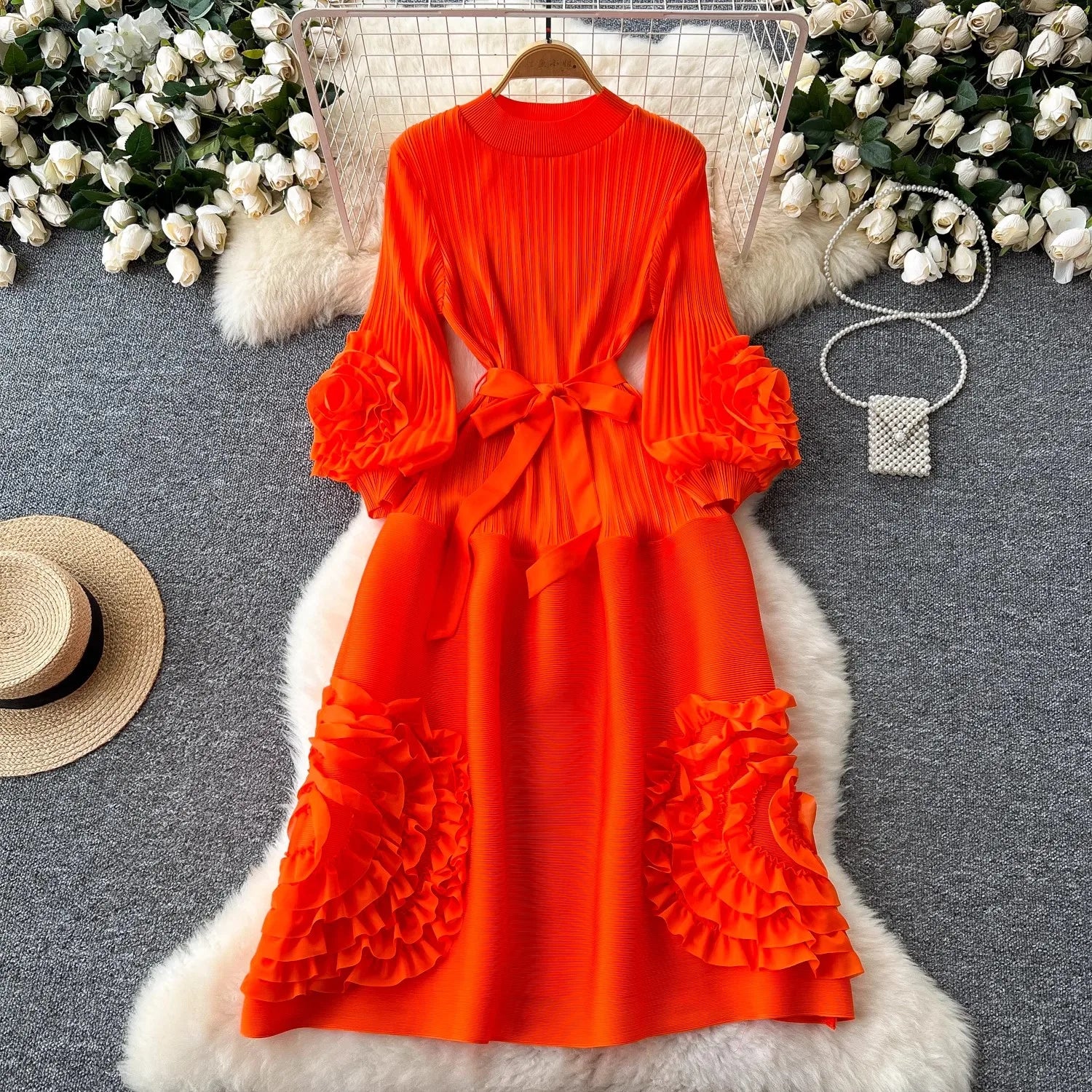 New Miyake High End Tied Up Oversize Pleated Long Robes Turtleneck Bubble Petal Sleeves High Waist Formal Dresses Women Clothing