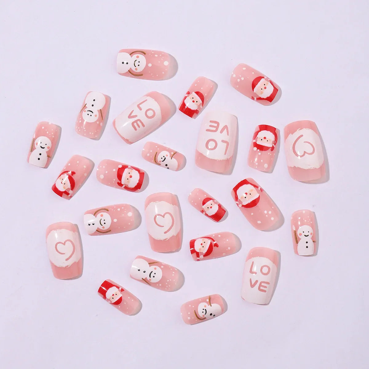 Cartoon Santas/Snowman Christmas Fake Nails 24Pcs Short Square Nude Pink Press On Nails Love Printed New Year Party Nails Art