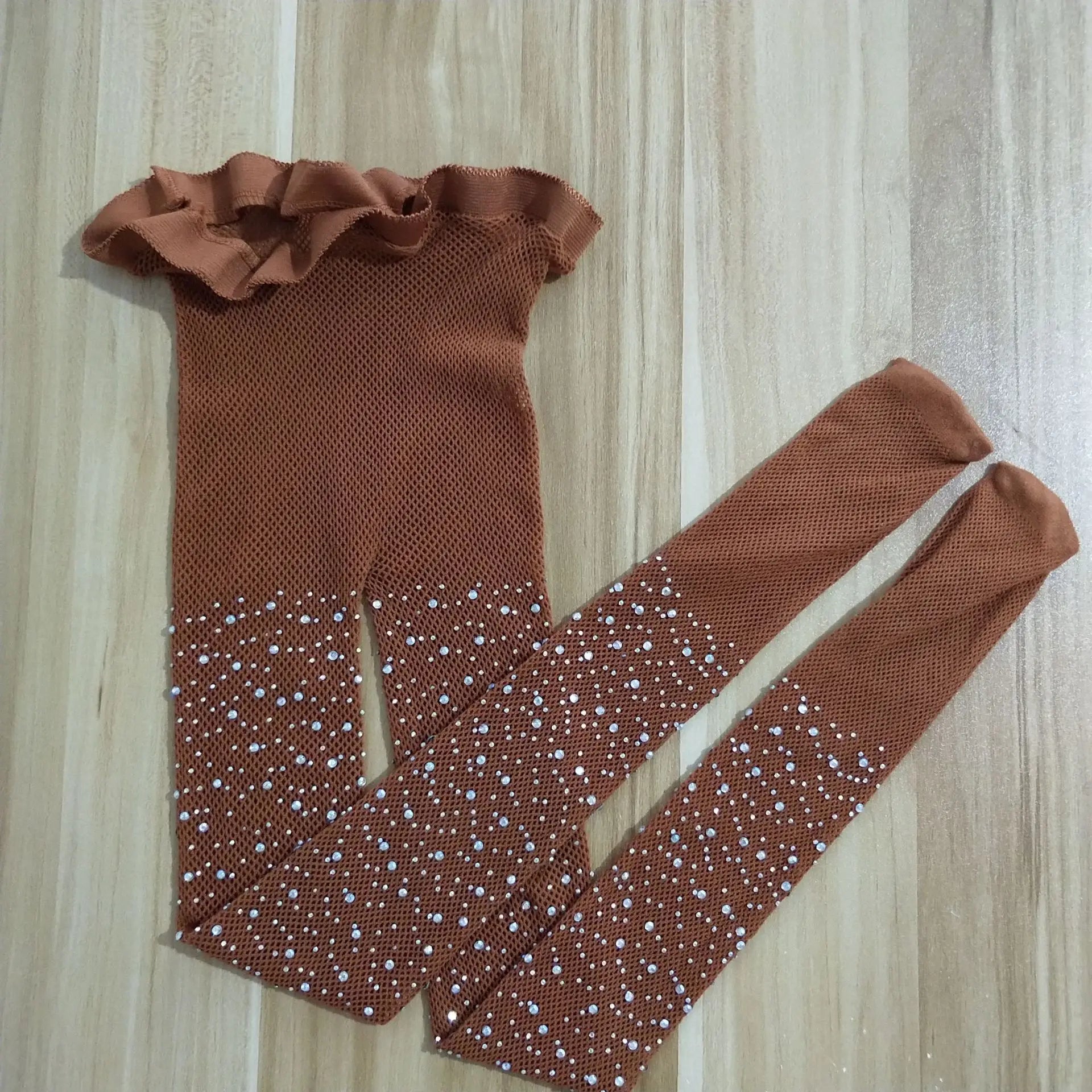 Summer Fishnet Diamond Pantyhose Women Sexy Fashion Shiny Net Tights Female Slim Rhinestone Mesh Nylon Stockings Tights Caramel One Size