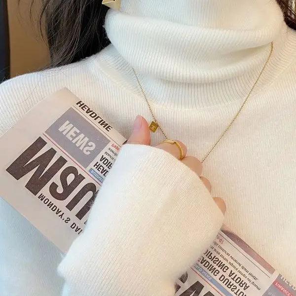 Women Turtleneck Sweaters Casual Soft Long Sleeve Pullovers Elastic Jumpers Knitwear Slim Basic Sweater For Women Autumn Winter WHITE One Size