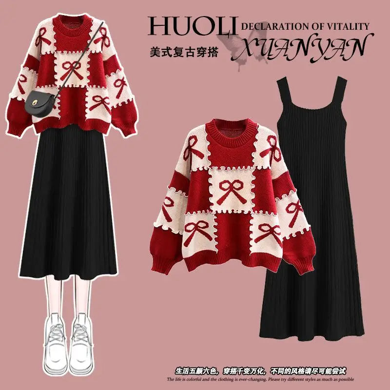 Japanese style lazy knitted sweater with dress two-piece autumn and winter suit for women new large size women's clothing Black skirt