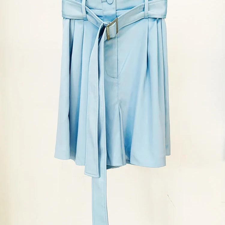 HIGH STREET Newest Fashion Designer Runway Suit Set Women's Satin Crop Blazer Jacket Belted Shorts Set 2pcs