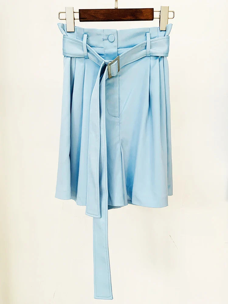 HIGH STREET Newest Fashion Designer Runway Suit Set Women's Satin Crop Blazer Jacket Belted Shorts Set 2pcs