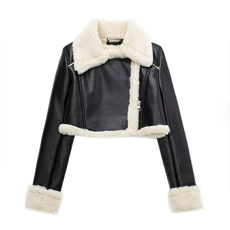 2023 New Women Fashion Thick Warm Faux Shearling Crop Jacket Coat Vintage Long Sleeve Front Zipper Female Outerwear Chic Tops