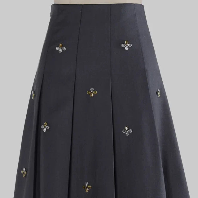 Spring Women French Style Luxury Rhinestone Beading Lady High Quality Solid Long Pleated Skirt