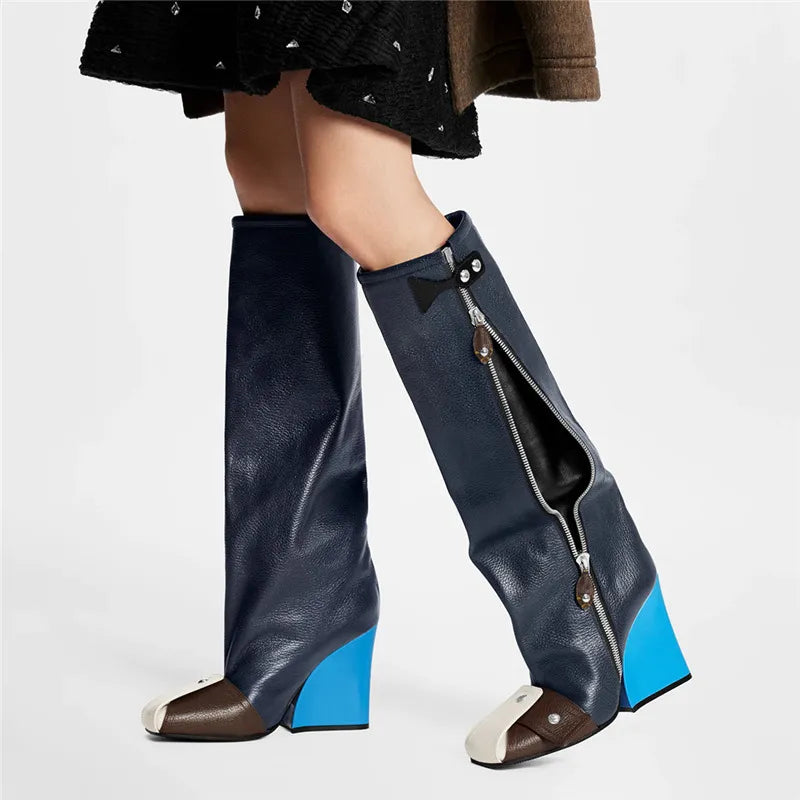 Brand Women's Boots Autumn and Winter Fashion Color Contrast Rivet Side Zipper High Heel Fashion Stage Show Party Boots 8662-1-Blue black