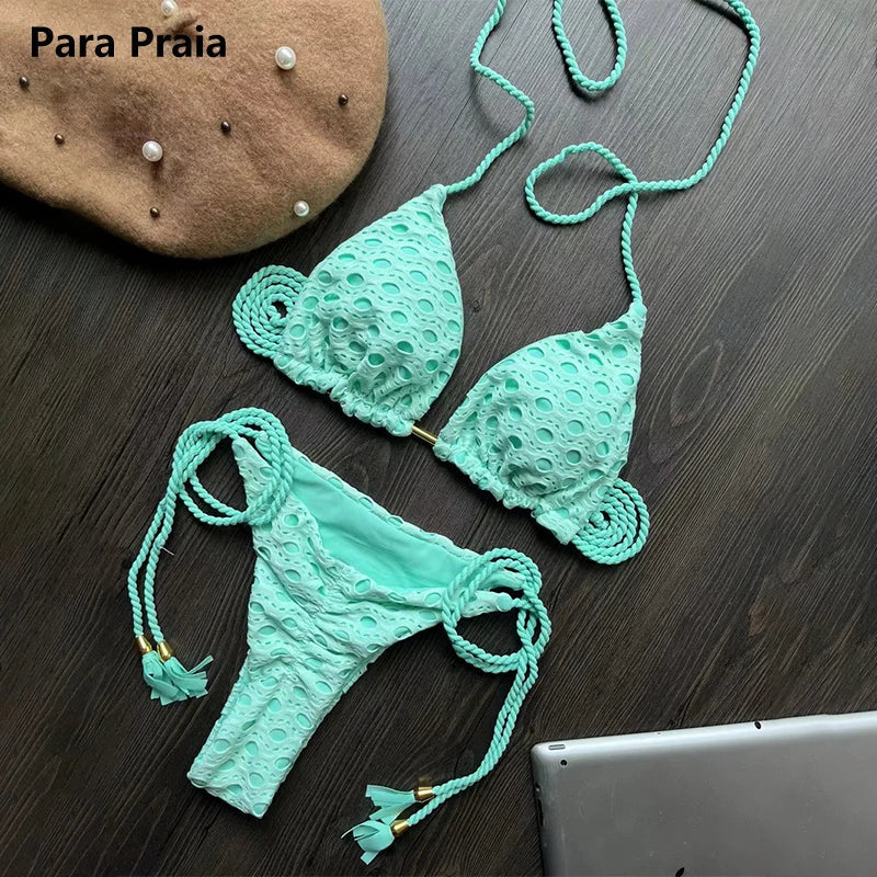 Para Praia Hollow Out Bandage Swimwear Halter Bikini Set Thong Swimsuit Women Biquini Brazilian Bathing Suit Beachwear