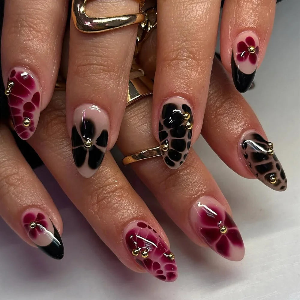 24Pcs Snake's Skin Design French False Nails Mid-length Almond Head Press on Nails Brown Flower Pattern Stiletto Fake Nail Tips