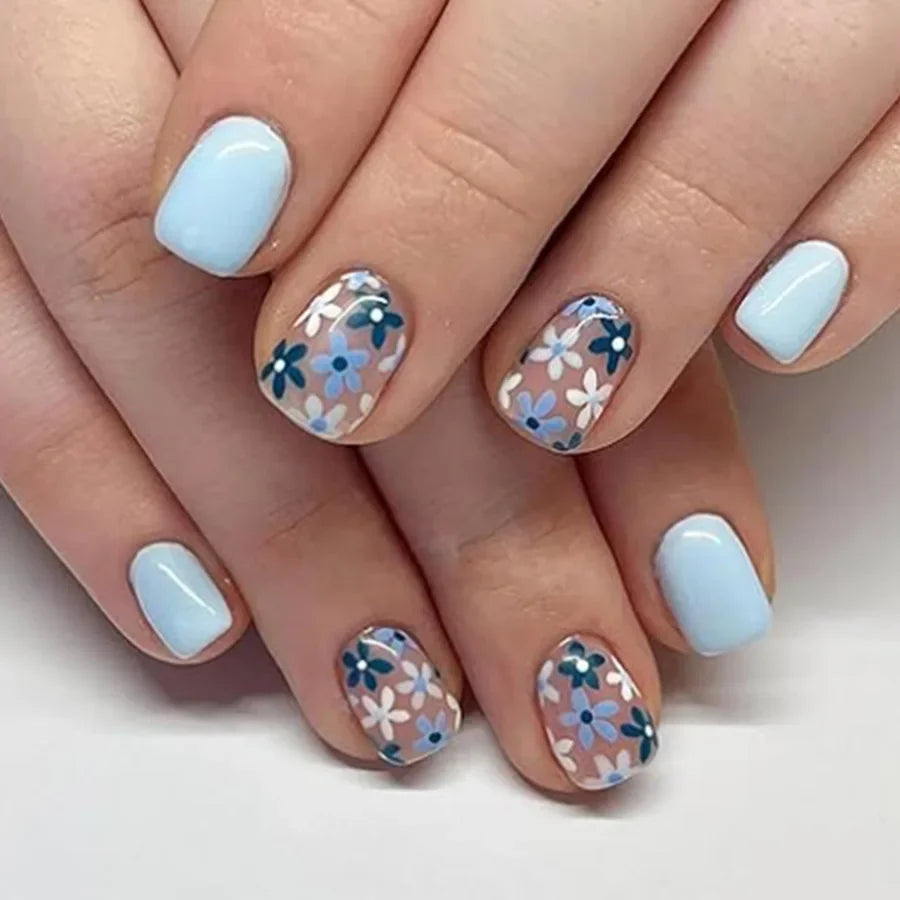 Faux ongles courts et carrés brillants, 24 pièces/boîte, pointe française colorée, motif floral, printemps-été, pour femmes