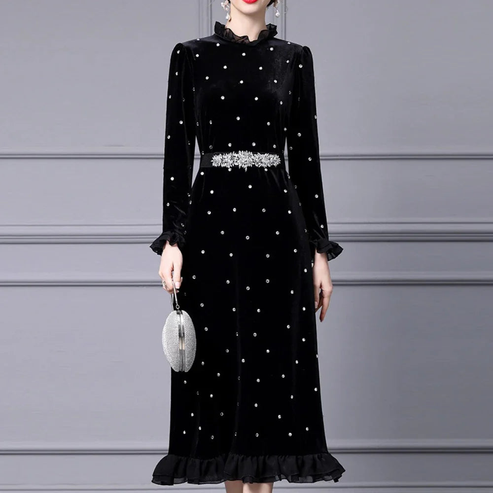 Solid Slimming Spliced Wave Point Elegant Dresses for Women Round Neck Long Sleeves Patchwork Bead Dress Female New
