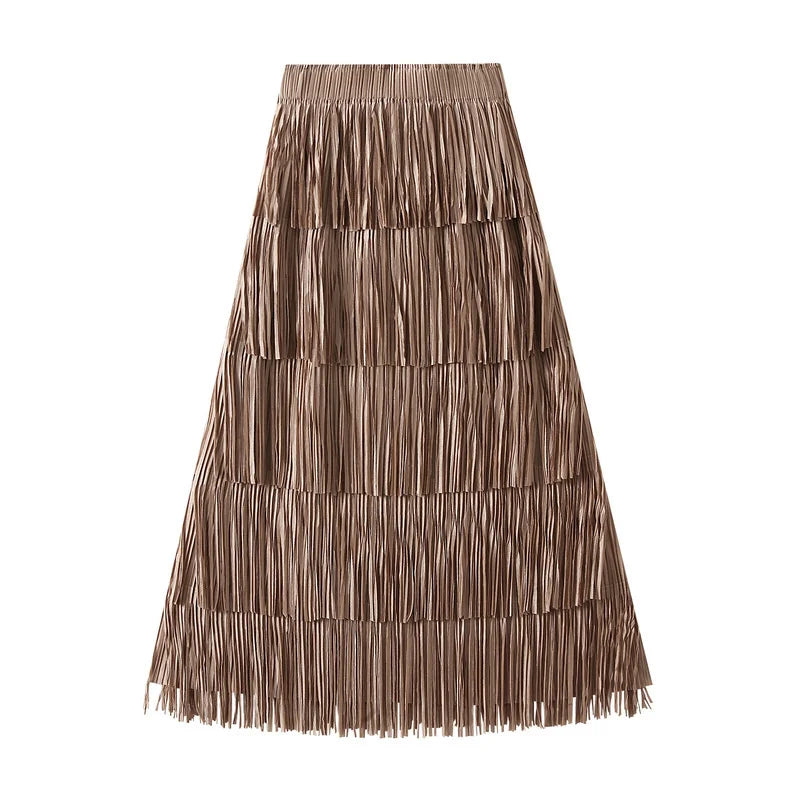 Pleated Tassel Long Skirts For Women High Waist Solid Color Stitching Elegant Party Clothing 2024 Summer Autumn Khaki One Size