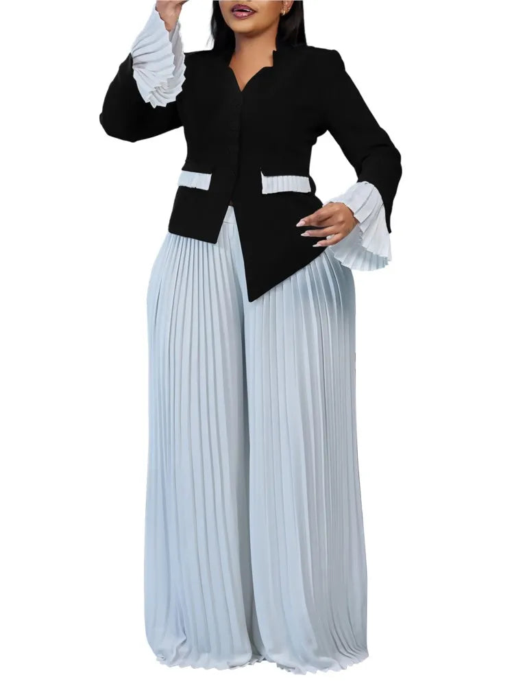 Plus Size Spring Autumn 2 Two Piece Set Women Slim Fashion Irregular Ladies Blouses Pleated Loose Wide Leg Woman Long Pant