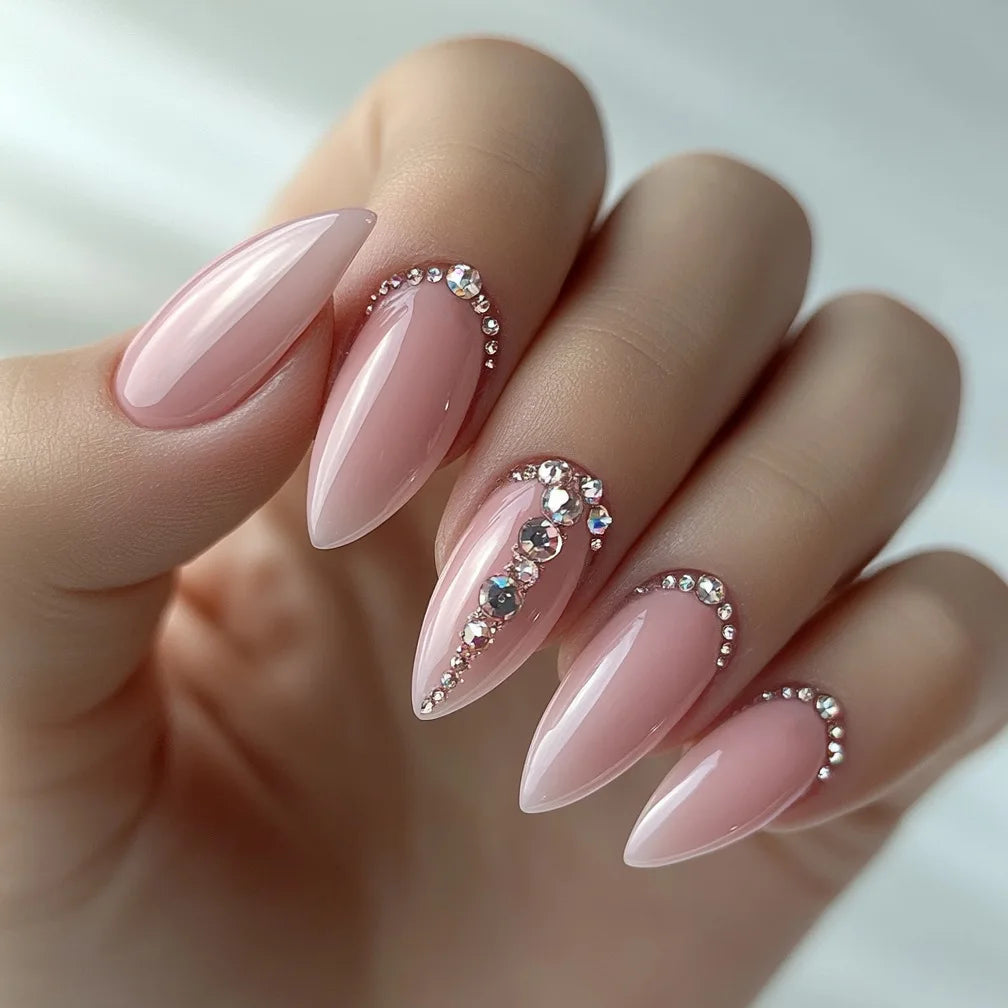 24Pcs Mid-length Almond Nails Set Press on Nude Rhinestone with Design Fake Nail Reusable Artificial Full Cover False Nails Tips