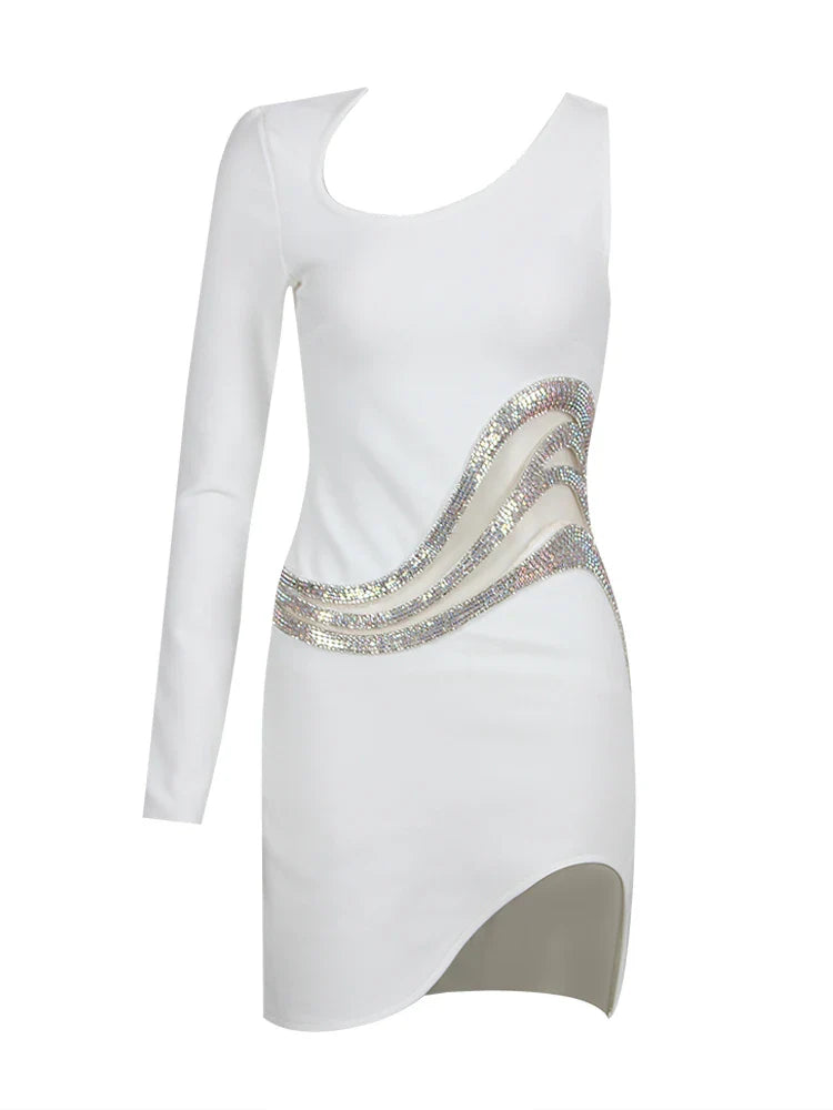 BEVENCCEL Women's New One Shoulder Long Sleeve Mesh Patch Diamond Bandage Dress Elegant Sexy Club Evening Party Mini Dress