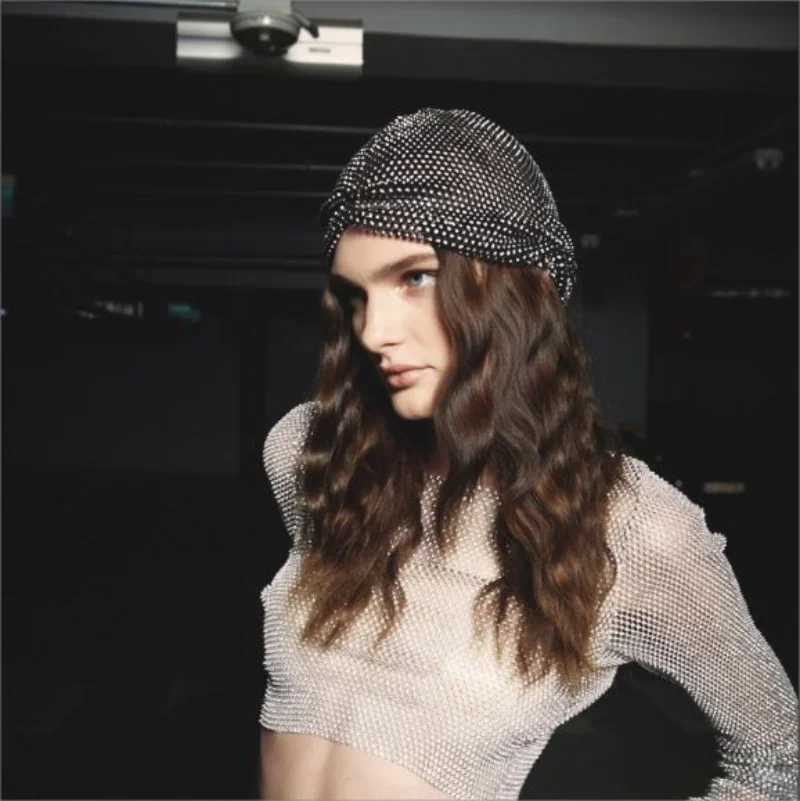 Fishnet Diamond Luxury Cap for Women, Shiny Women's Hat, Rhinestone Kerchief, Hip Hop Headwear, Nightclub Party, Fashion Beanies