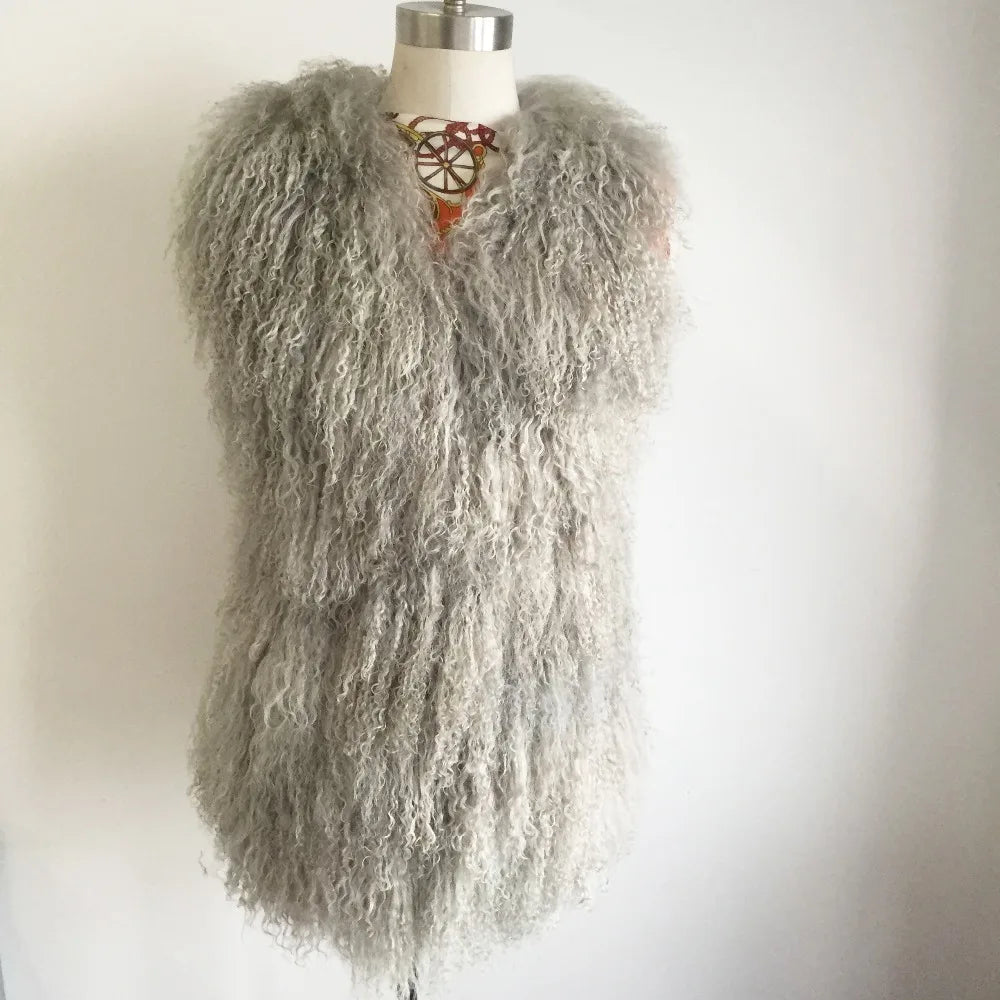 11 Colors Luxury Thick Warm Mongolia Sheep Fur Vest Women New Winter Hot V-neck Sexy Wool Fur Coat Lightgrey