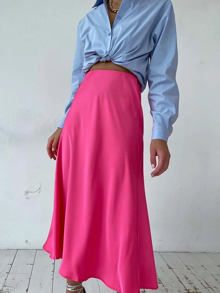 Silk Satin Skirts for Women Korean Style Champagne Office High Waist A-line Skirt Fashion Elegant Solid Long Pencil Skirt 2024