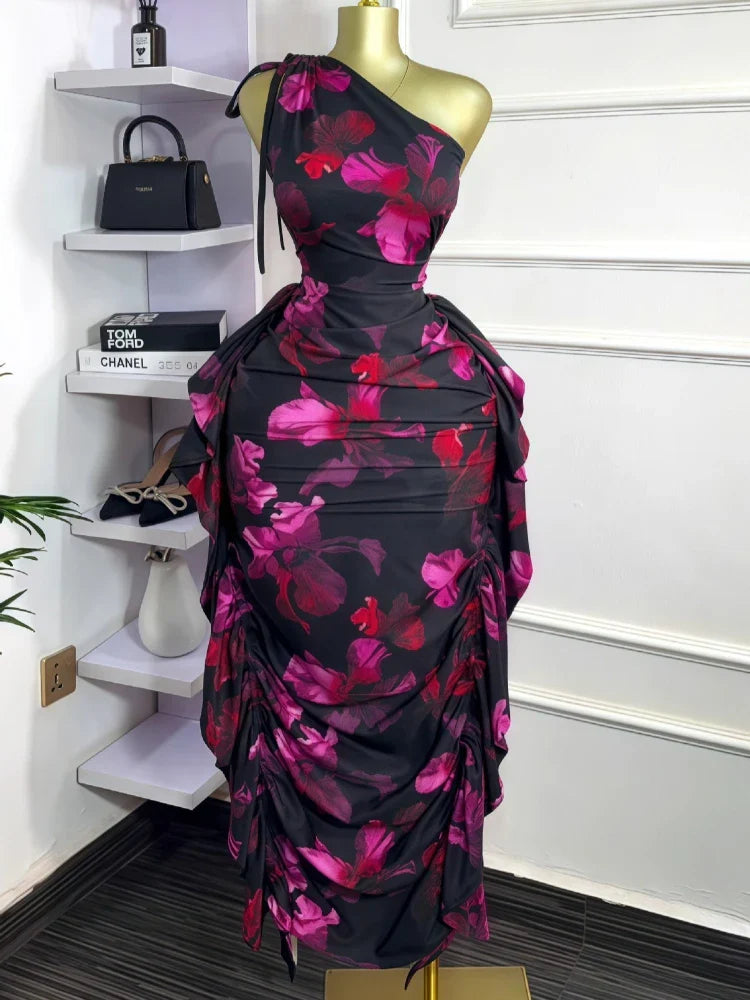 CM.YAYA Women Floral Printed One Shoulder Sleeveless Stacked Ruched Bodycon Midi Maxi Long Dress 2025 Sexy Party Evening Dresses as picture