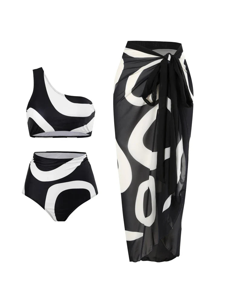 Sexy One Shoulder Printed Swimwear Women 2023 Vintage High Waisted One Piece Swimsuit with Cover Up for Beach Vacation, Swim ML022b1