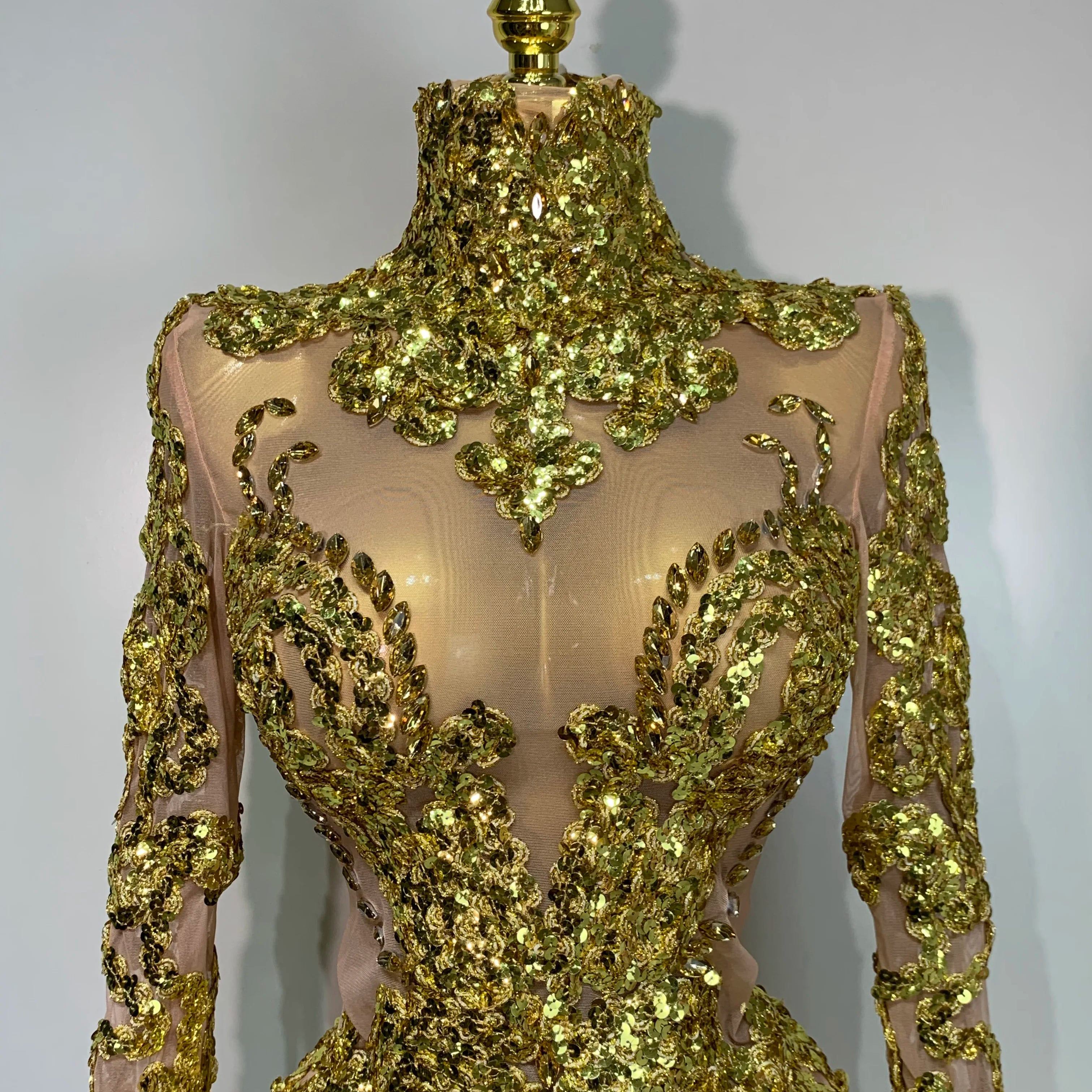 Women Long Sleeve Sexy Shinning Sequins Bodycon Mini Dress Mesh See Through Celebrate Birthday Evening Party Club Stage Outfit