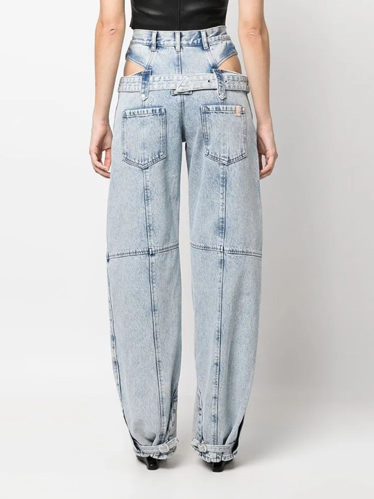 TWOTWINSTYLE Casual Cut Out Denim Trousers For Women High Waist Patchwork Belt Vintage Streetwear Jean Female Fashion Clothing