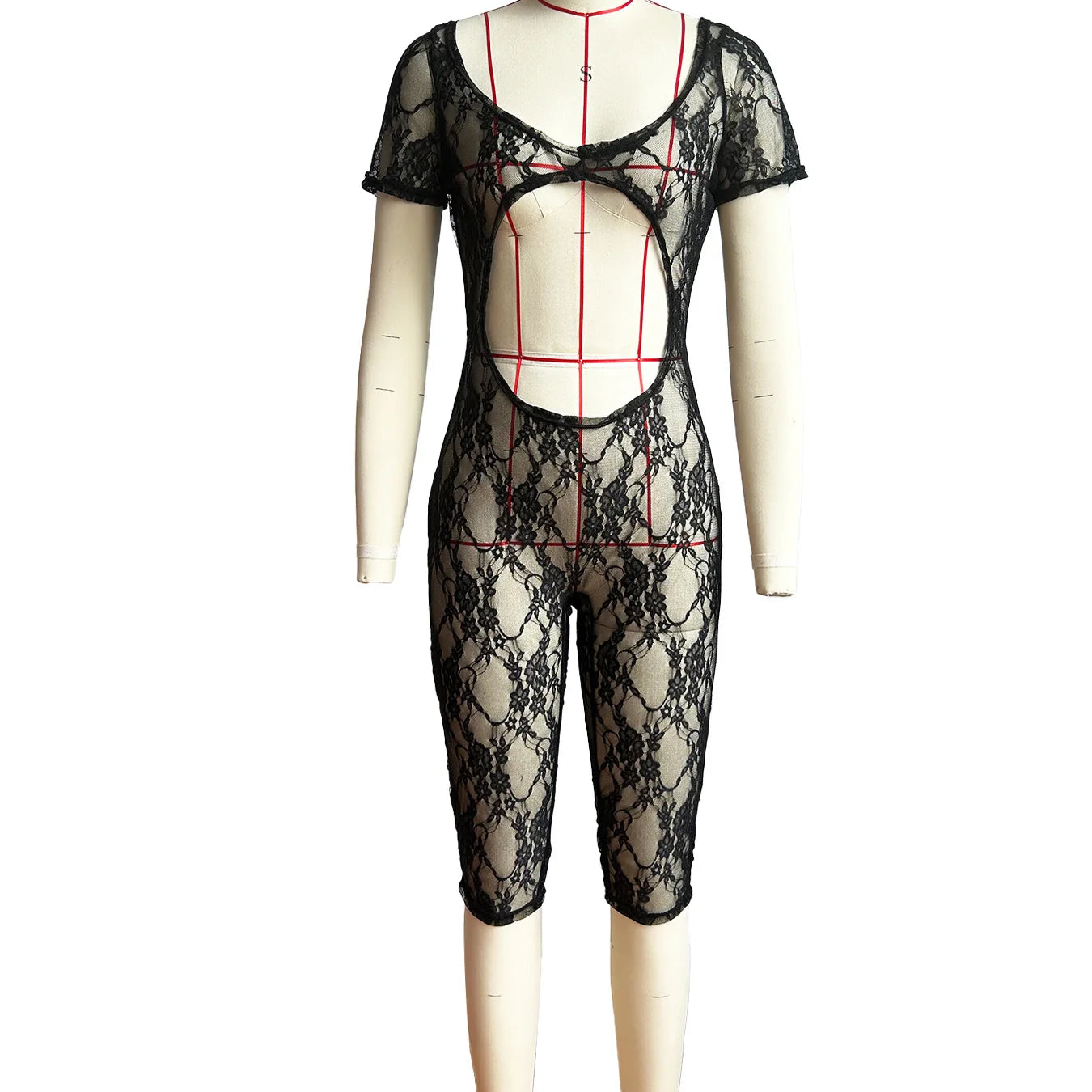 CM.YAYA 2024 Spring Short Sleeve Backless Women Lace Hollow Out Casual Rompers Playsuit Short Jumpsuits V-neck One Piece Outfits