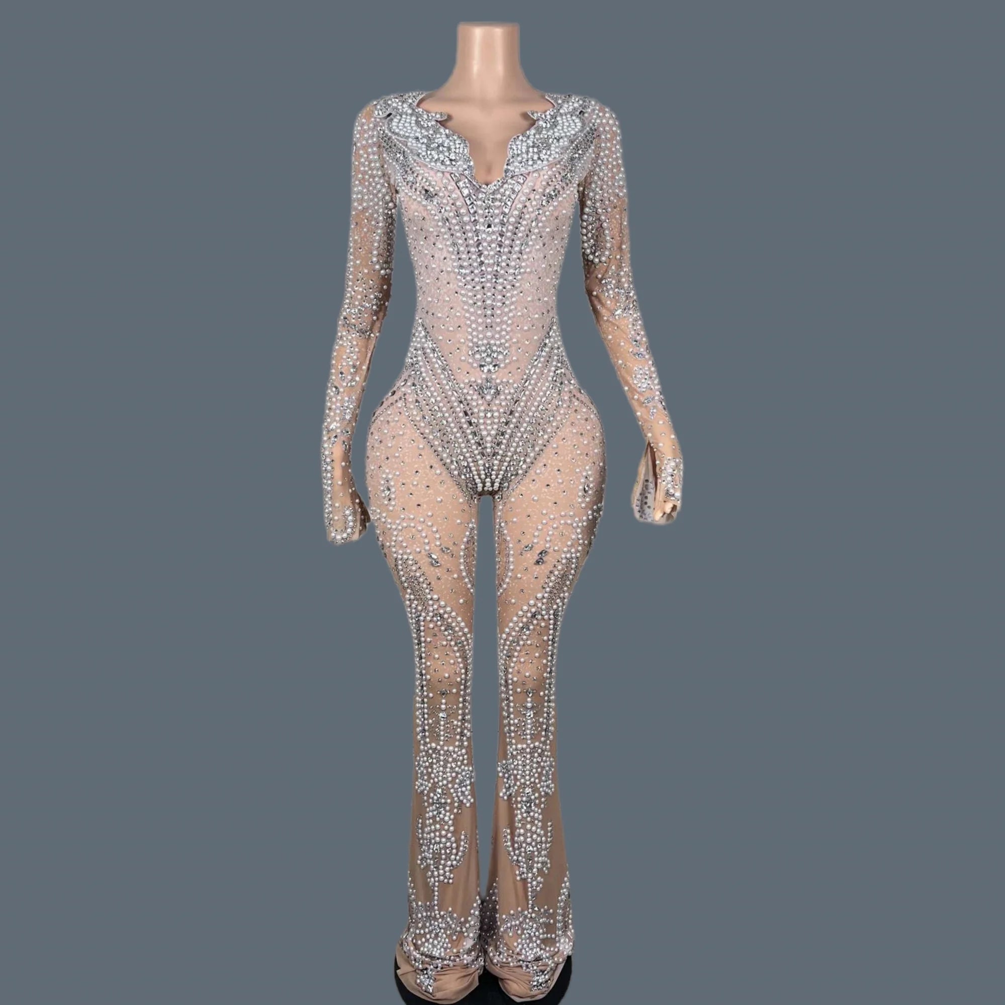 High-quality Pearls Rhinestones Mesh Bell-bottoms Lady Party Celebrate Birthday Stage Wear Luxurious Sexy Jumpsuit Shuangjiang