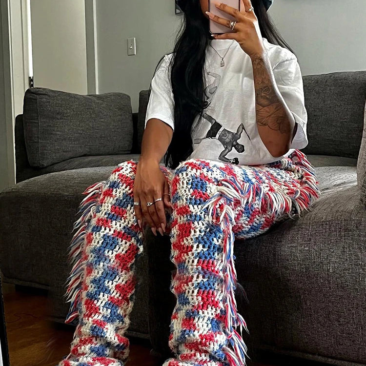 Weird Puss Knit Colorful Plaid Pants Women Fall Trend Skinny Stretch Side Furry Casual Trousers Wild Hipster Streetwear Bottoms